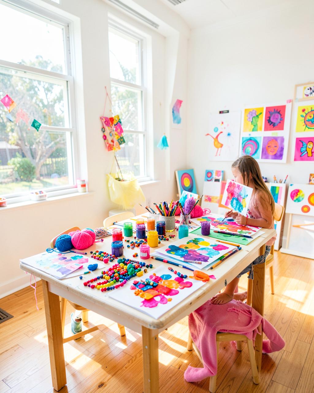 A sunny art studio with a kid painting at a table covered in colorful paint, beads and yarn